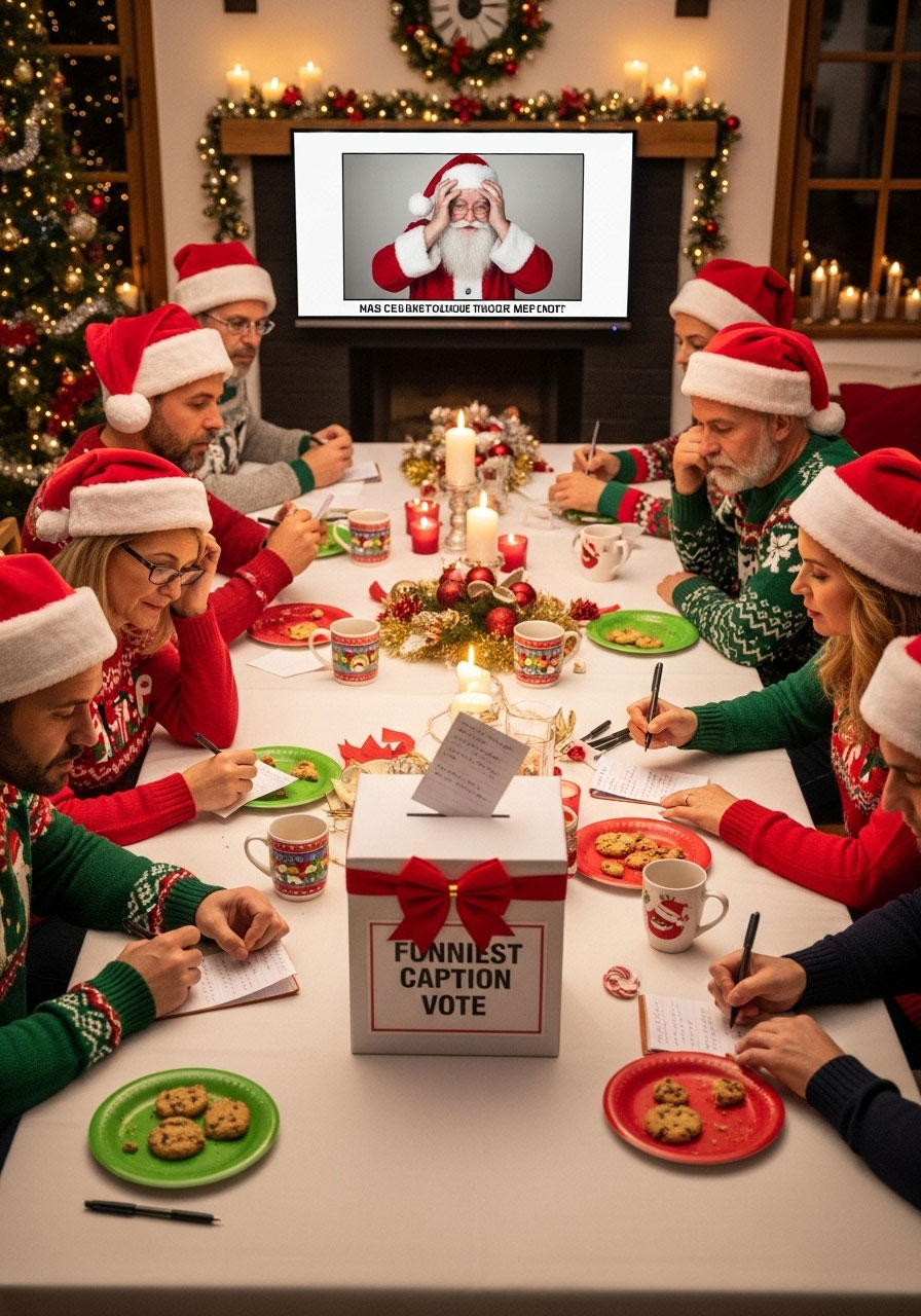 Adults joking in hilarious Christmas Meme Caption Contest at holiday party