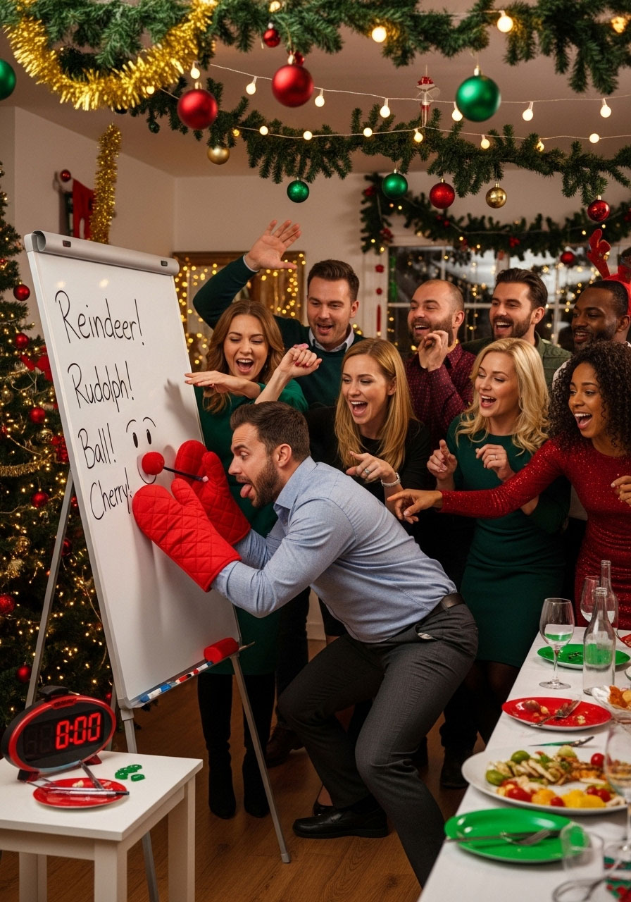 Adults enjoying hilarious Christmas Pictionary game drawing holiday themes at festive party