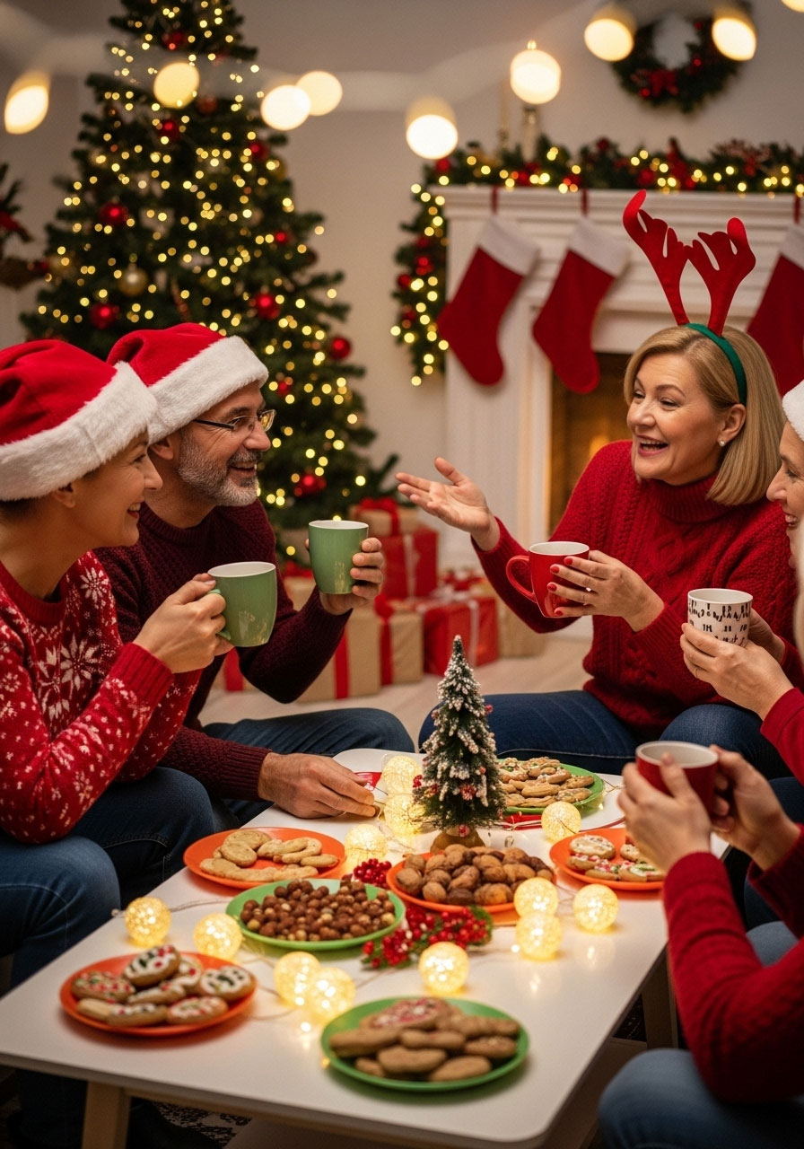 Adults sharing jabs in hilarious Christmas Roast game at holiday gathering