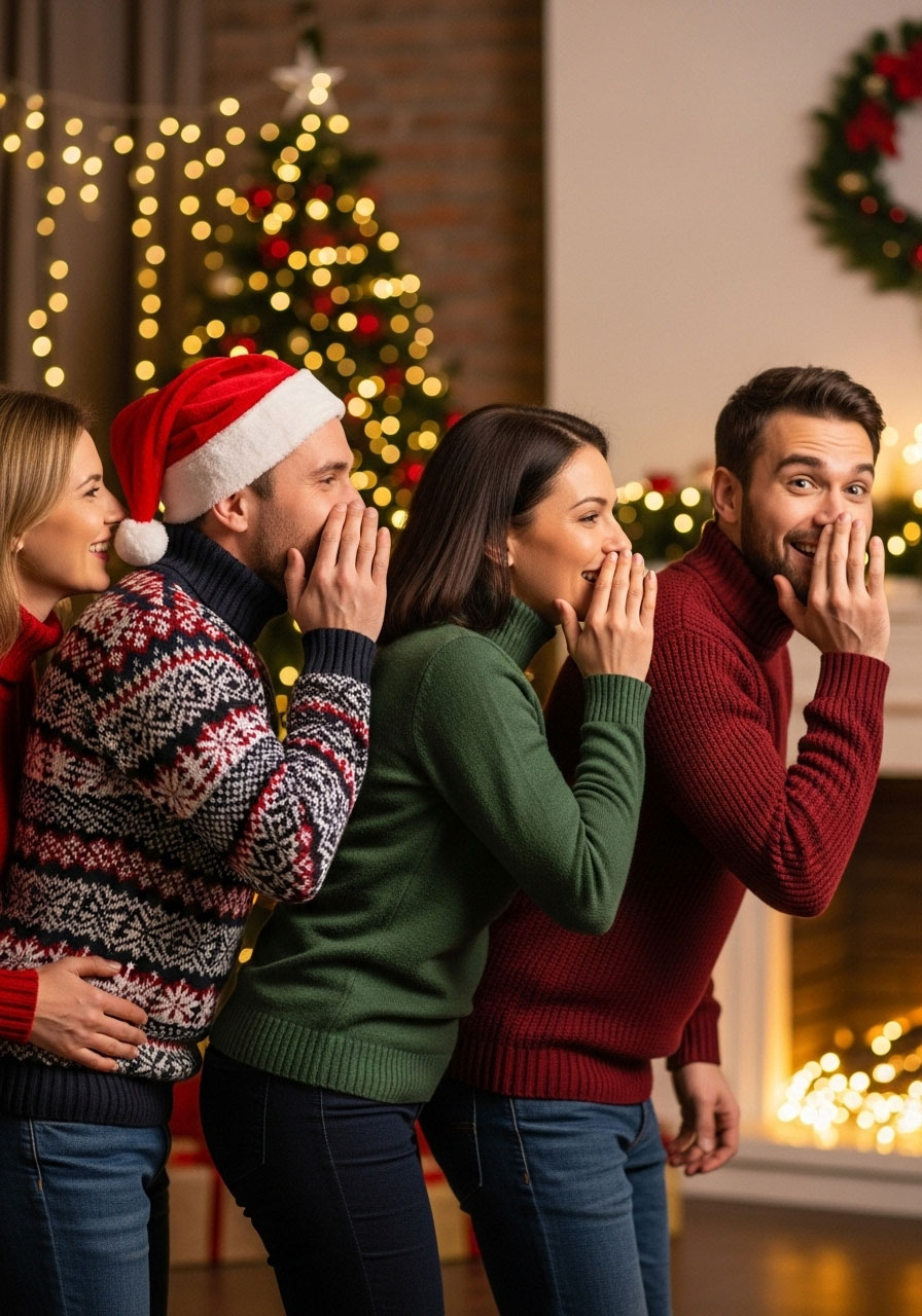 Adults whispering in hilarious Christmas Story Telephone Game at holiday party