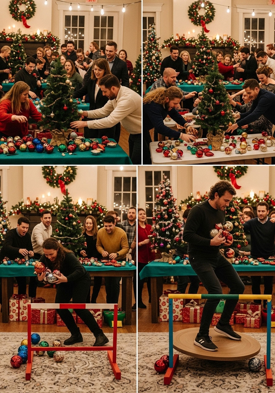 Adults decorating in hilarious Christmas Tree Relay race at holiday party