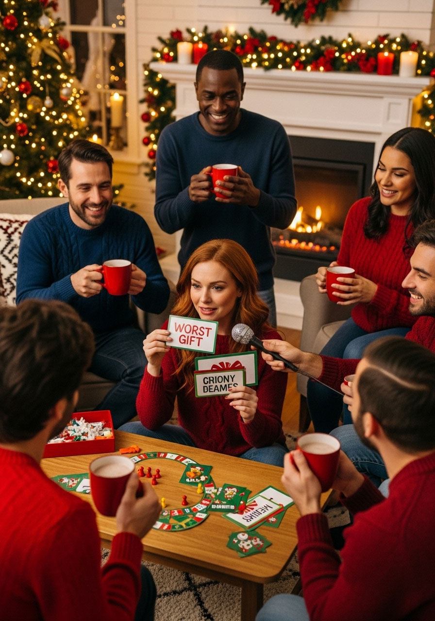 Adults playing hilarious Christmas Truth or Drink game sharing festive secrets