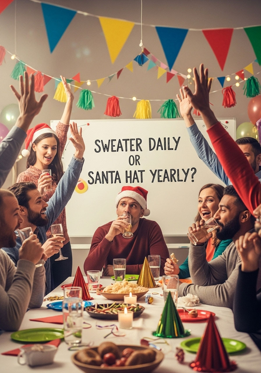 Adults debating in hilarious Christmas Would You Rather drinking game at party