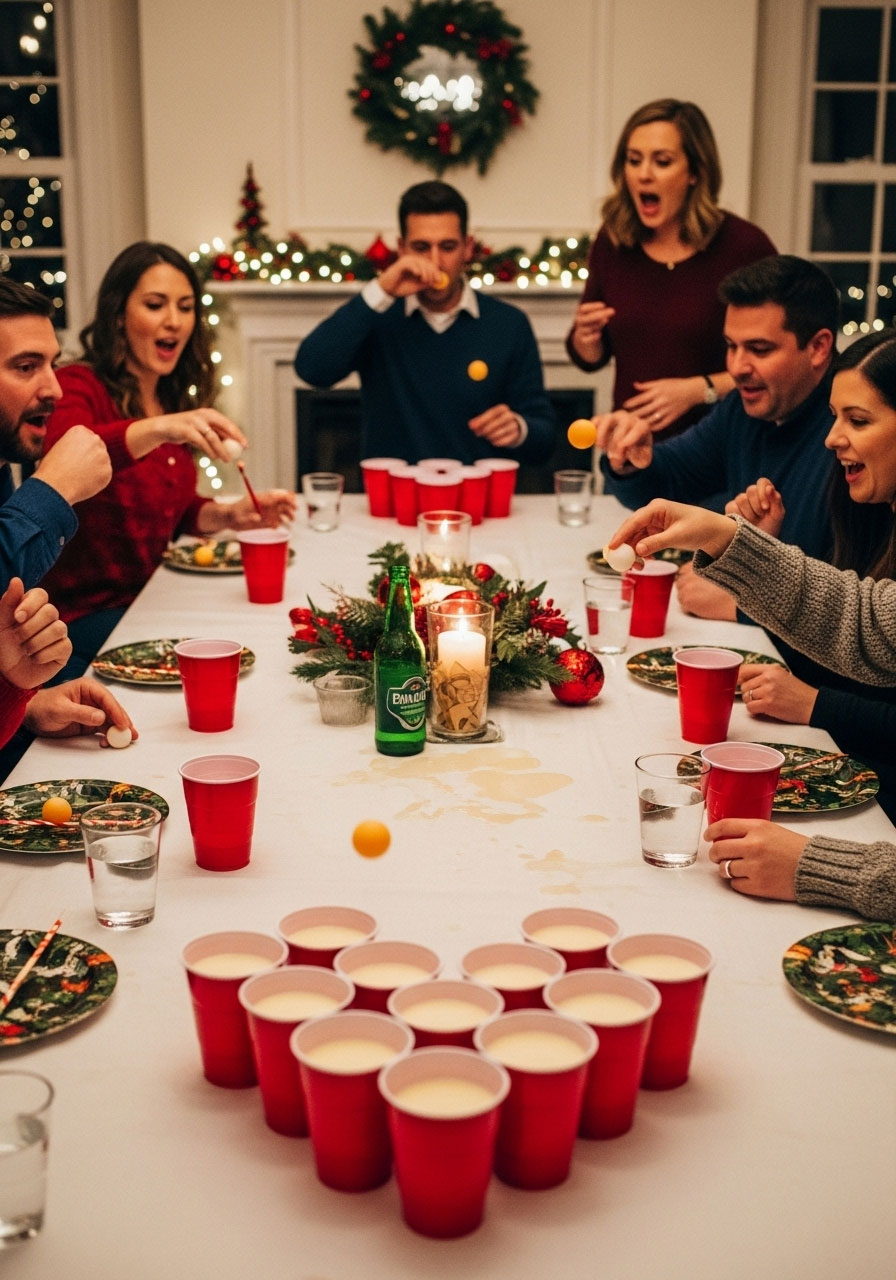 Adults playing hilarious Eggnog Pong drinking game bouncing balls at Christmas party