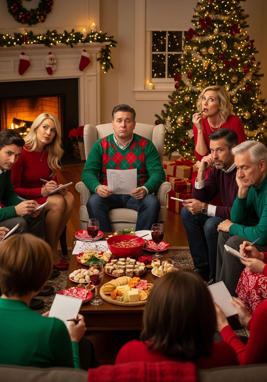 Adults guessing songs in hilarious Guess the Christmas Carol game at festive party