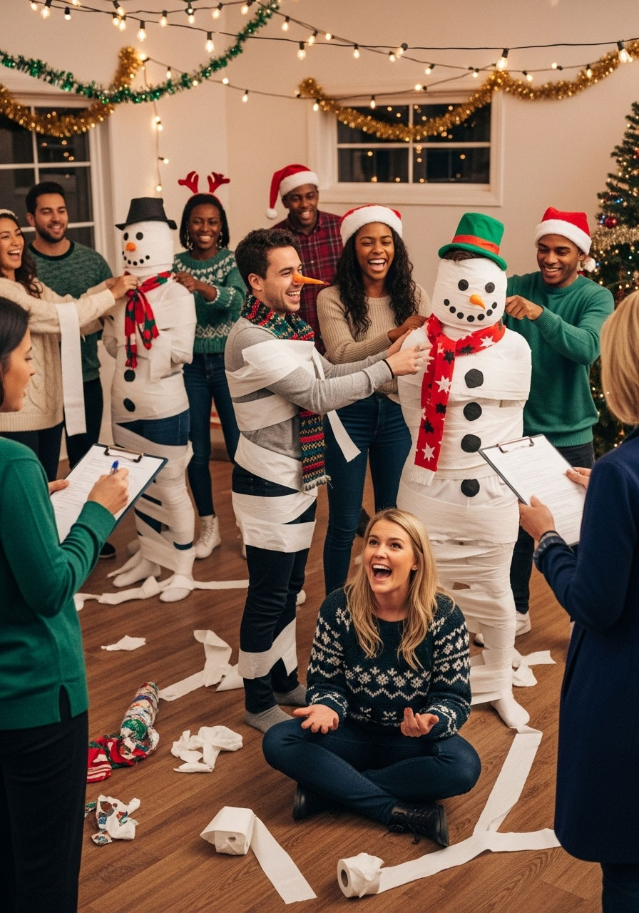 Adults crafting snowmen in hilarious Indoor Snowman Building Contest at party