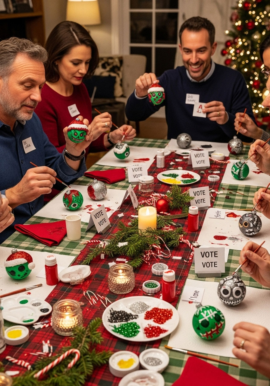 Adults crafting in hilarious Ornament Decorating Competition at Christmas party