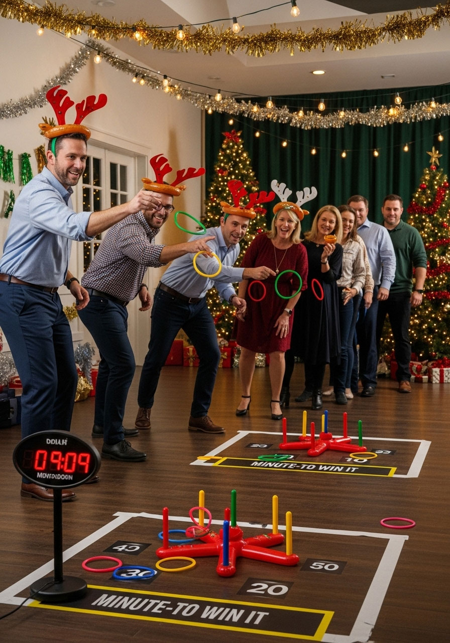 Adults playing hilarious Reindeer Ring Toss game aiming at antlers at Christmas party