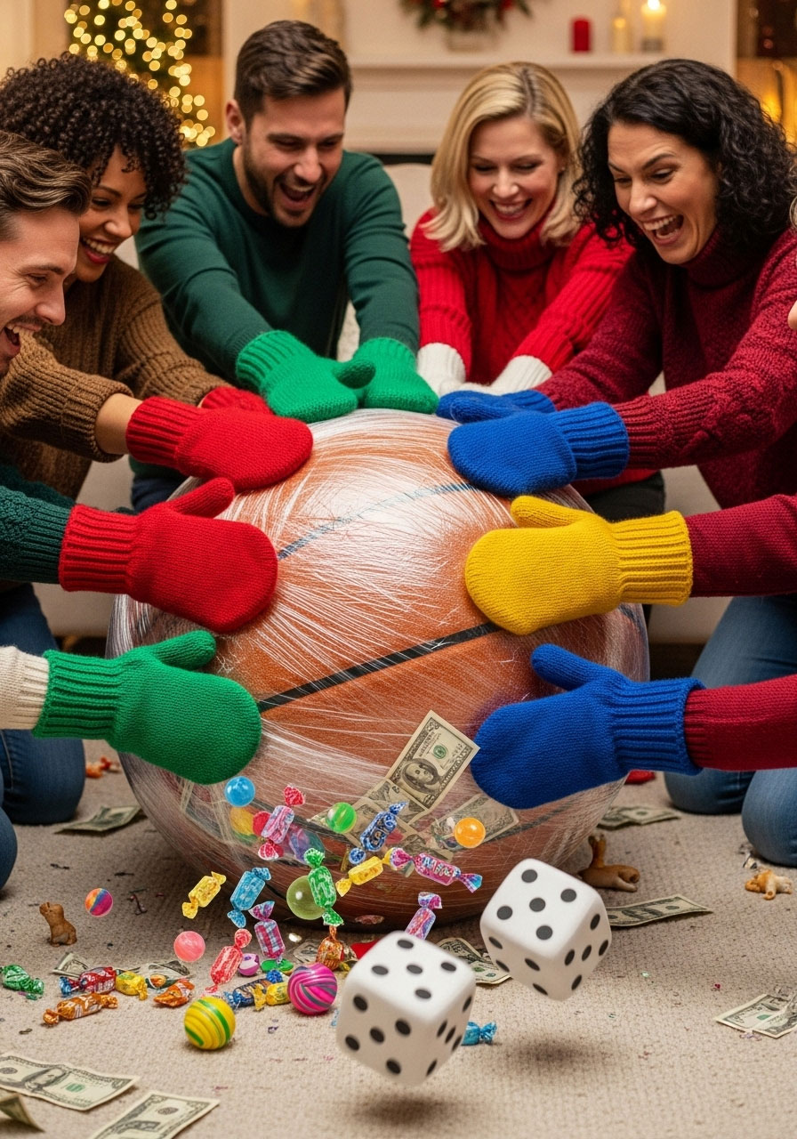 Adults unwrapping prizes in hilarious Saran Wrap Ball Game at Christmas party