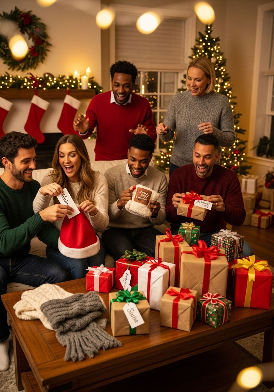 Adults exchanging gifts in hilarious Secret Santa game at Christmas party with festive fun
