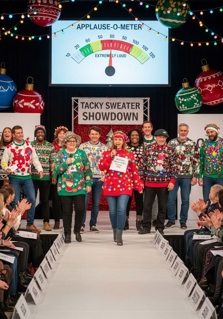 Adults competing in hilarious Ugly Christmas Sweater Contest at holiday party