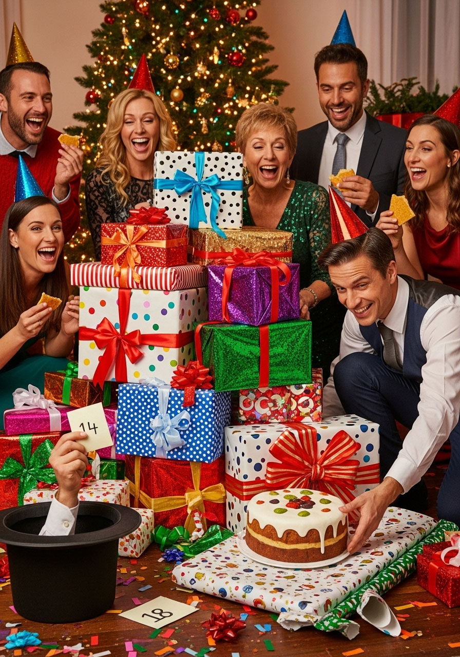 Adults in hilarious White Elephant gift exchange stealing quirky presents at Christmas party