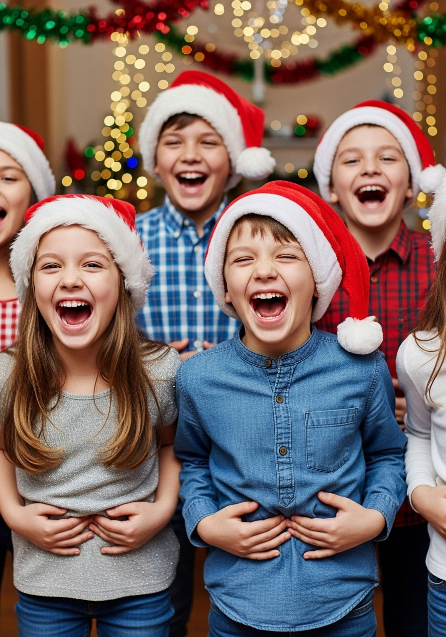 Kids laughing like Santa during ho-ho-ho laughing contest at Christmas party
