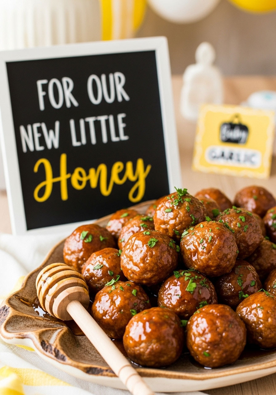 A platter of sticky honey garlic meatballs displayed with a cute "For Our Little Honey" sign and a wooden honey dipper.