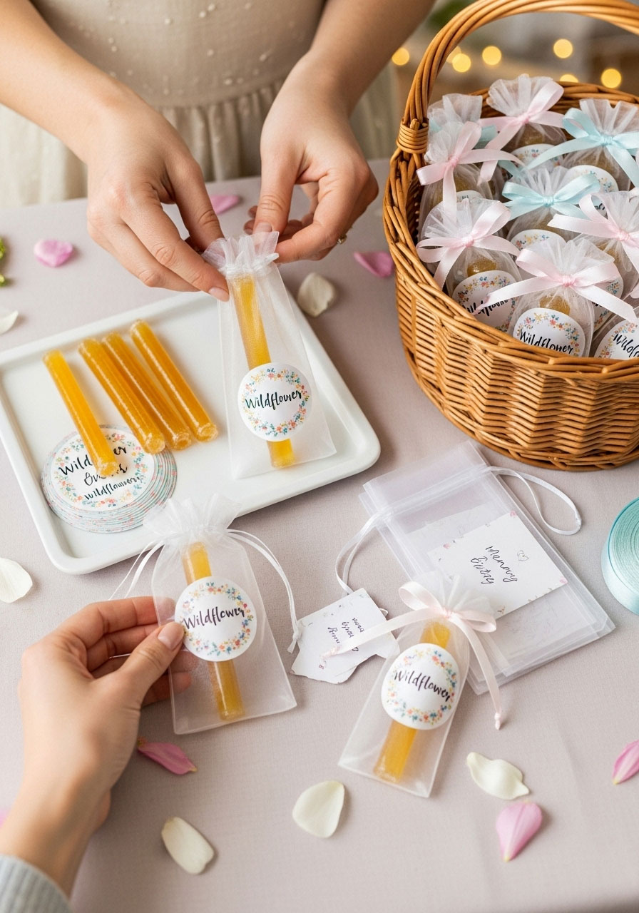 Honey stick party favors with custom wildflower labels in organza bags creating sweet take-home gifts for baby shower guests