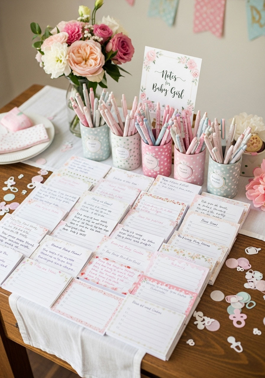 Note cards with encouraging messages for parents’ hospital bag at a baby girl shower.