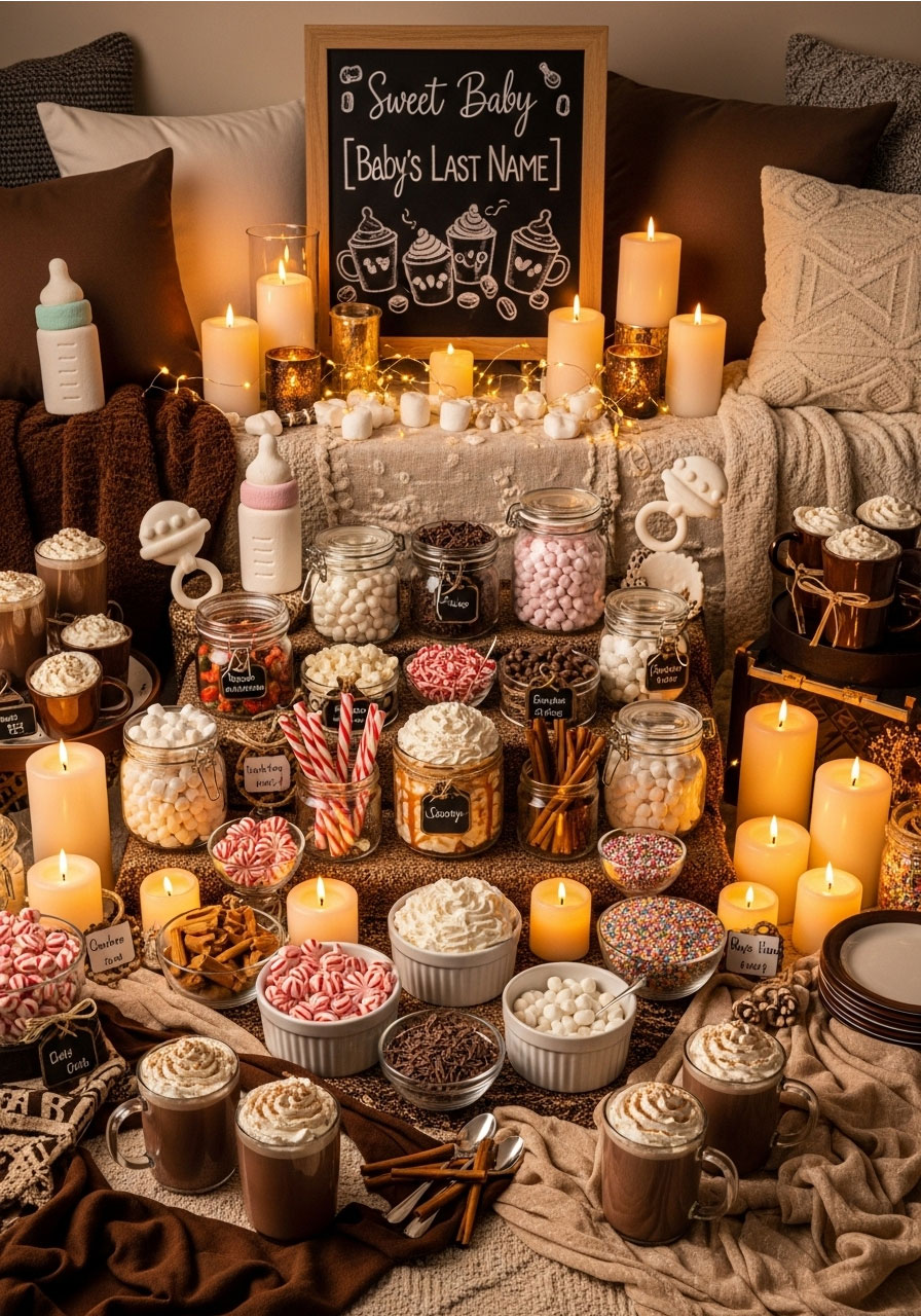 Hot cocoa and hugs baby shower with elaborate cocoa bar, cozy blankets, marshmallows and ultimate comfort atmosphere
