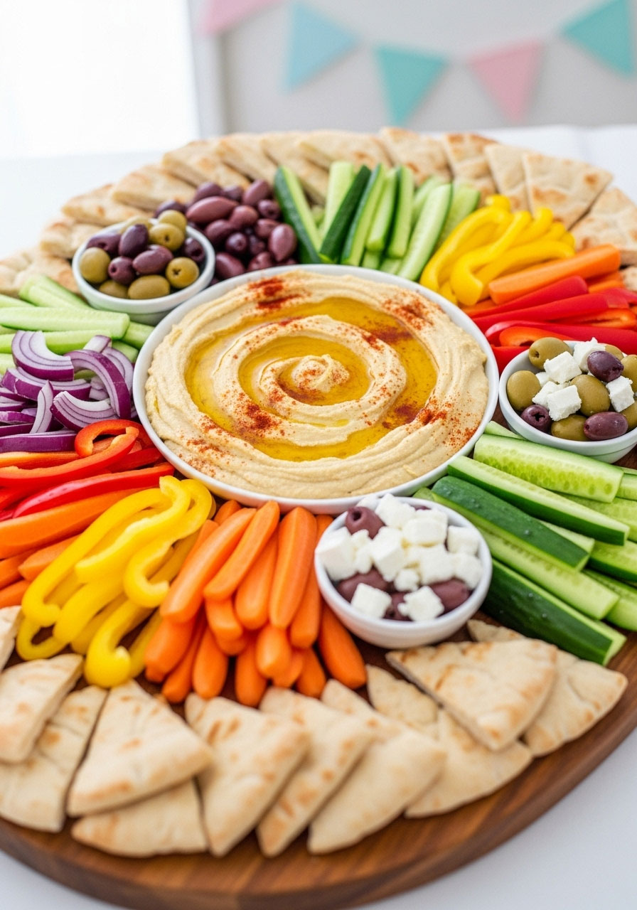 A healthy hummus platter with a swirl of olive oil, surrounded by pita and fresh vegetables arranged in a colorful rainbow pattern.