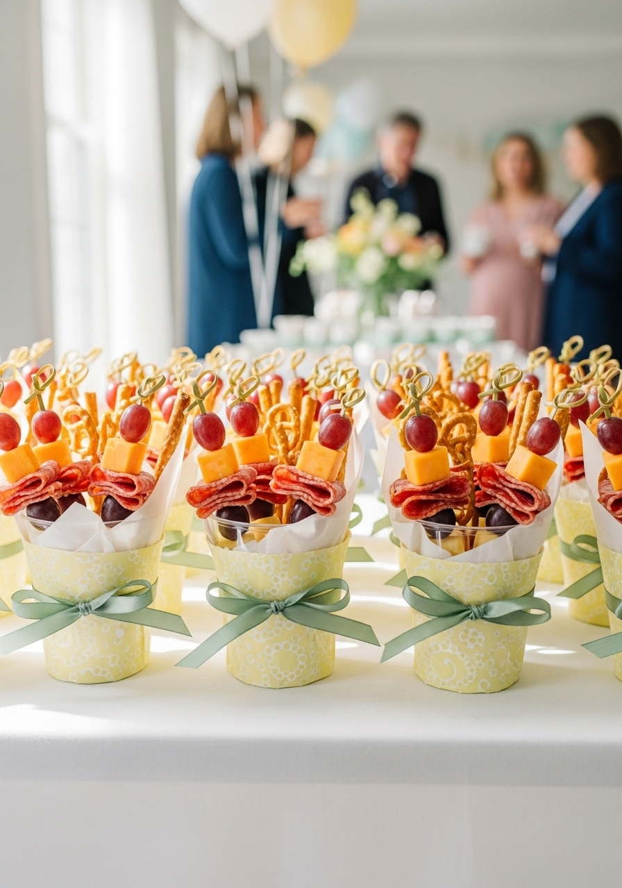 Individual charcuterie cups with skewers of cheese and fruit, decorated with pastel paper sleeves and a sage green ribbon for a baby shower.
