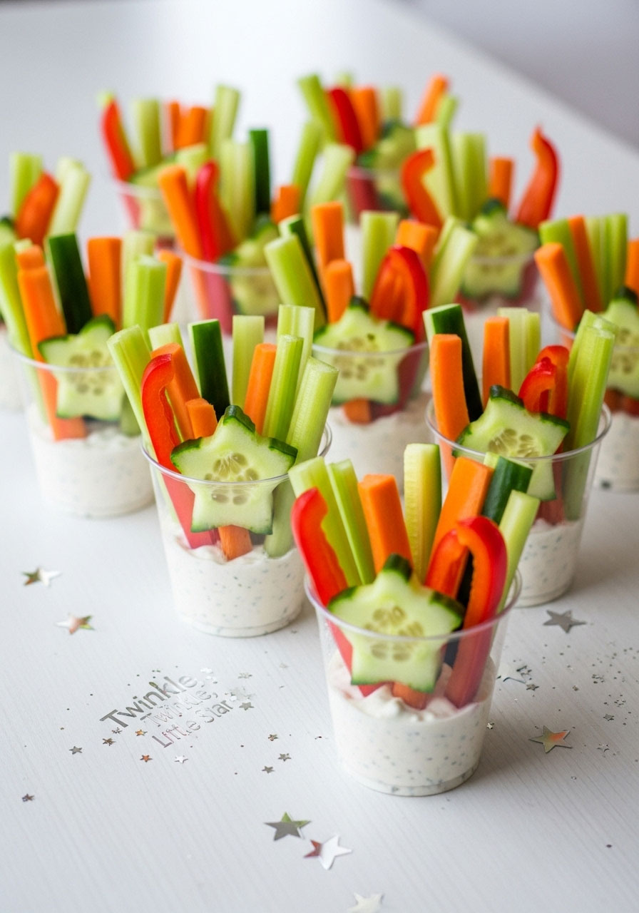 Individual cups of veggies and dip, with a single cucumber slice cut into a star shape on top for a "Twinkle, Twinkle" theme.