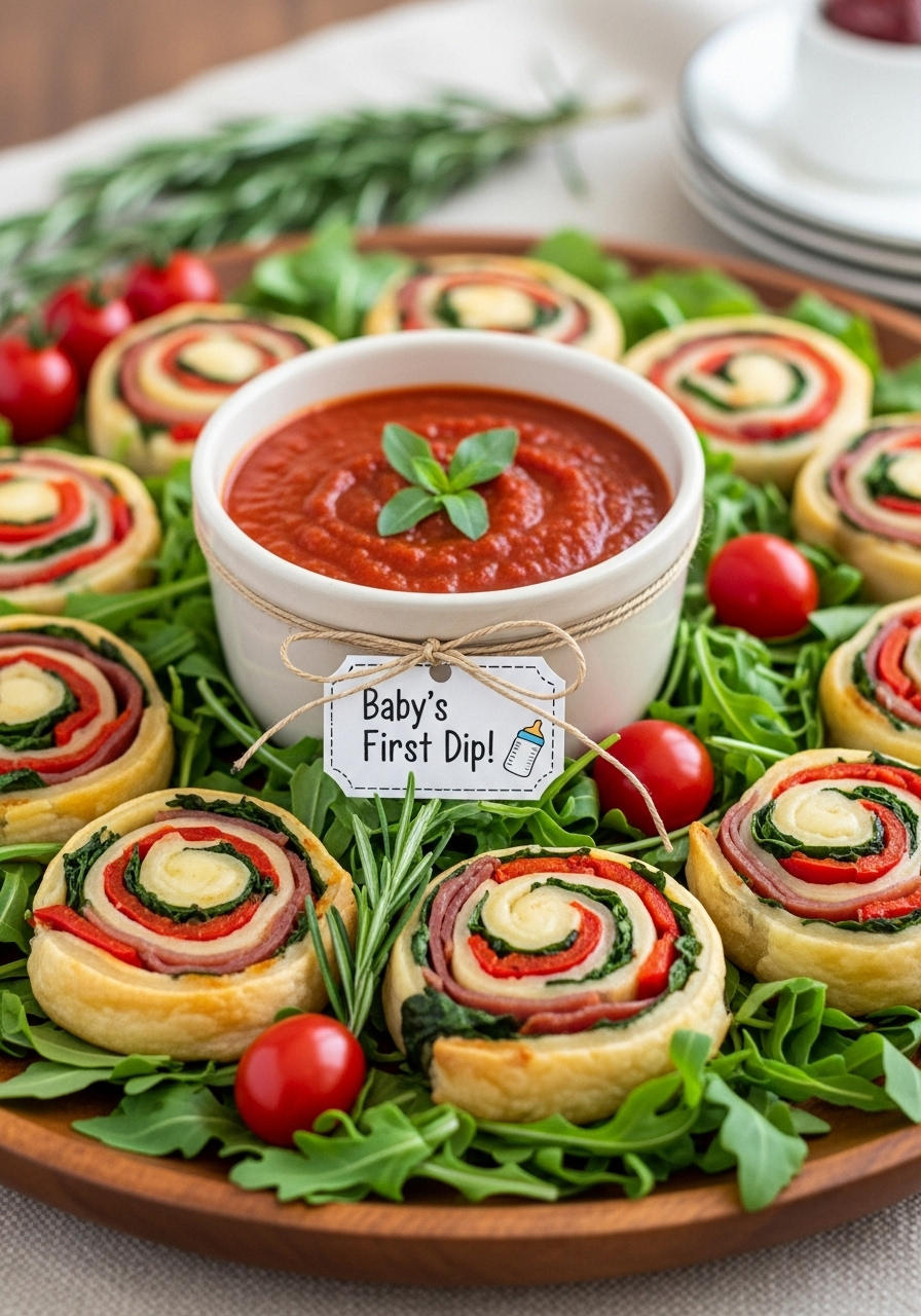 A platter of zesty Italian pinwheels served on a bed of arugula with a central bowl of marinara sauce for dipping at a baby shower.