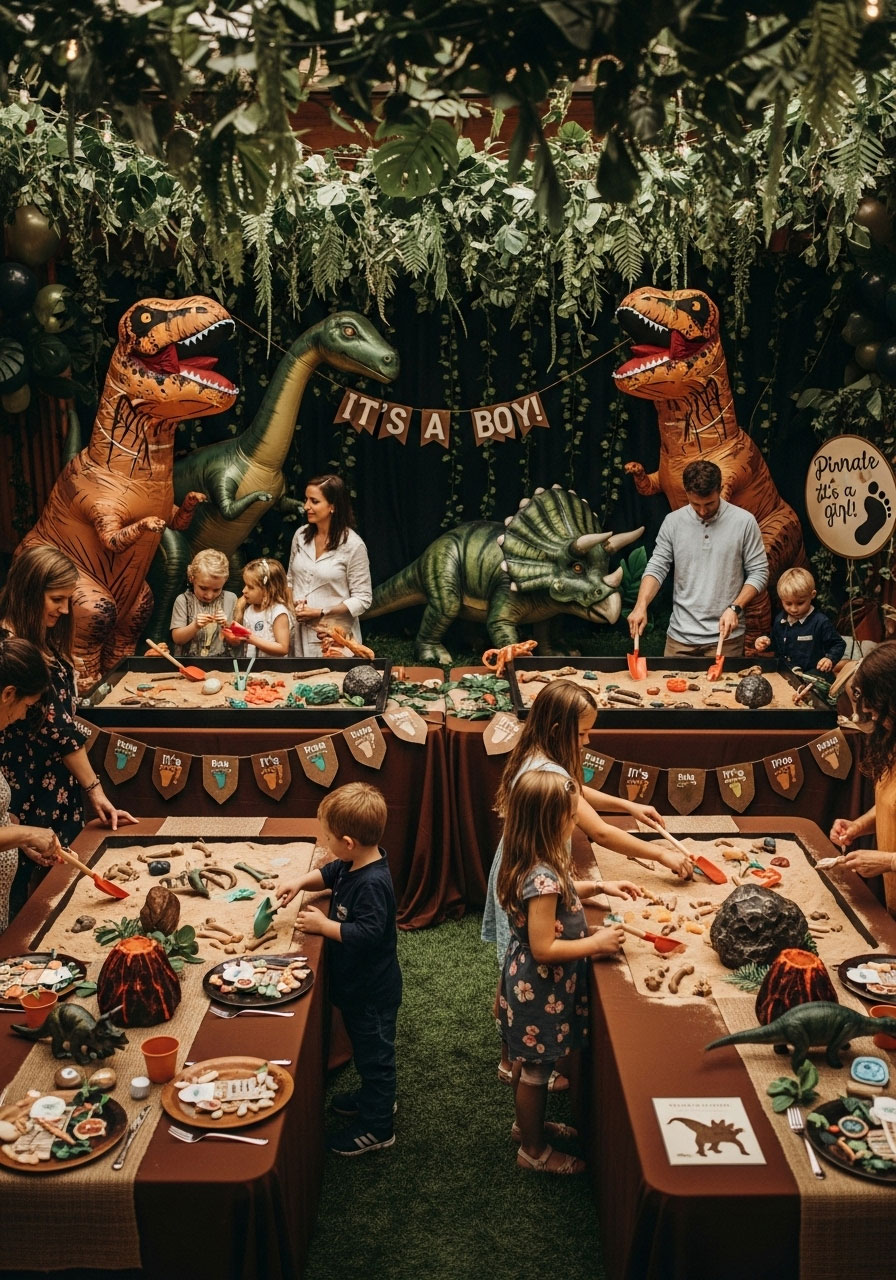Jurassic baby adventure shower with dinosaur decorations, jungle leaves, inflatable dinosaurs and prehistoric themed party setup
