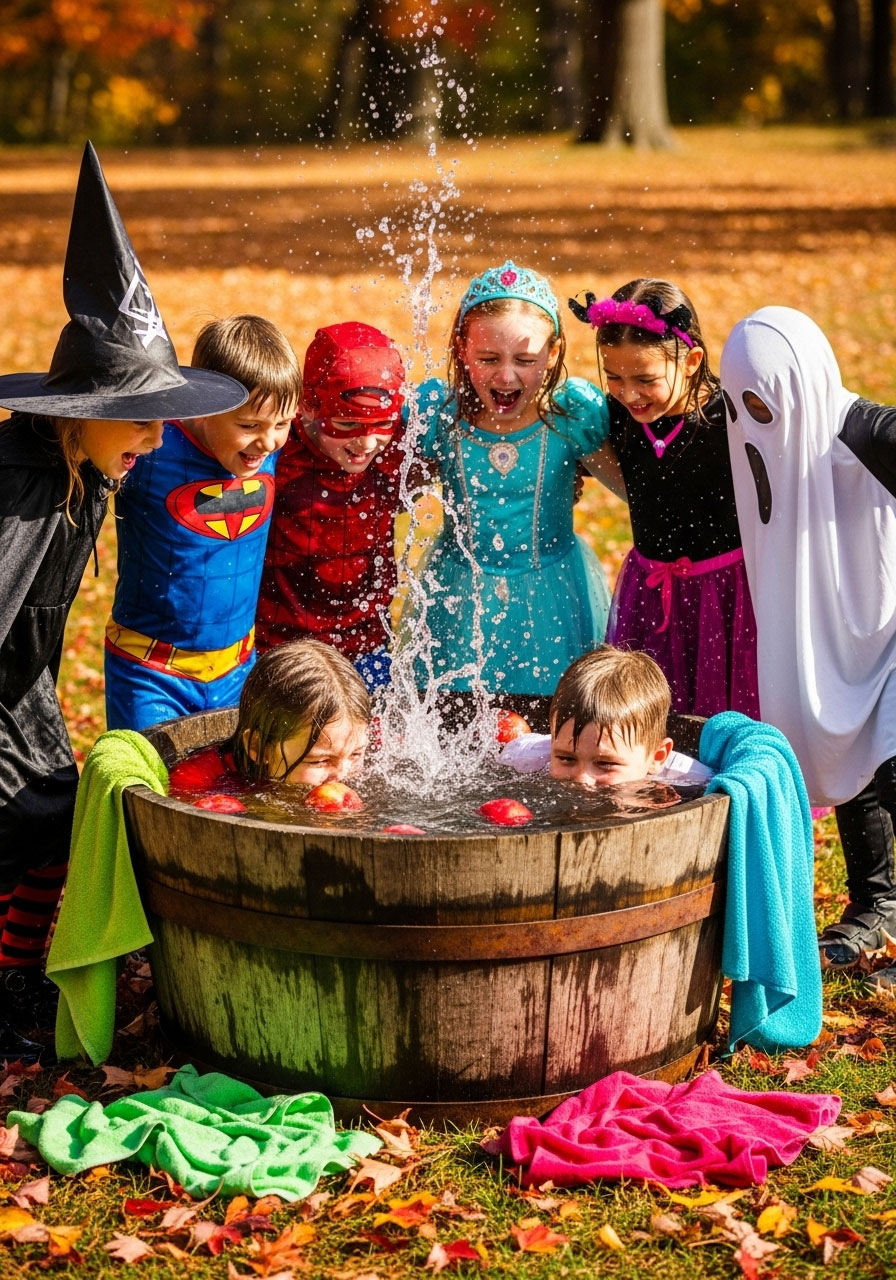 Children playing traditional apple bobbing Halloween game at outdoor party with water barrel and apples