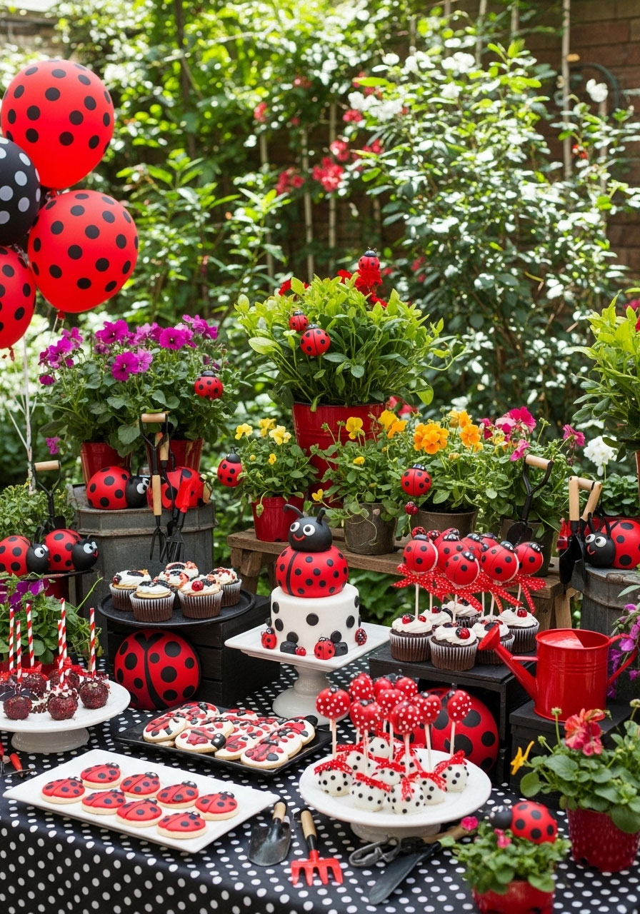 Whimsical ladybug garden baby shower with red polka dot decorations, ladybug figurines, garden plants and good luck themed spring party