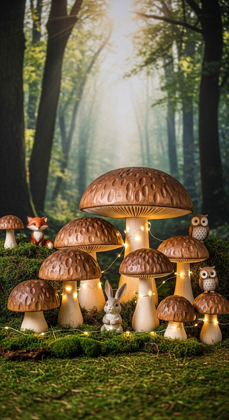 Oversized wooden mushroom decorations with moss base and fairy lights creating magical woodland baby shower photo backdrop