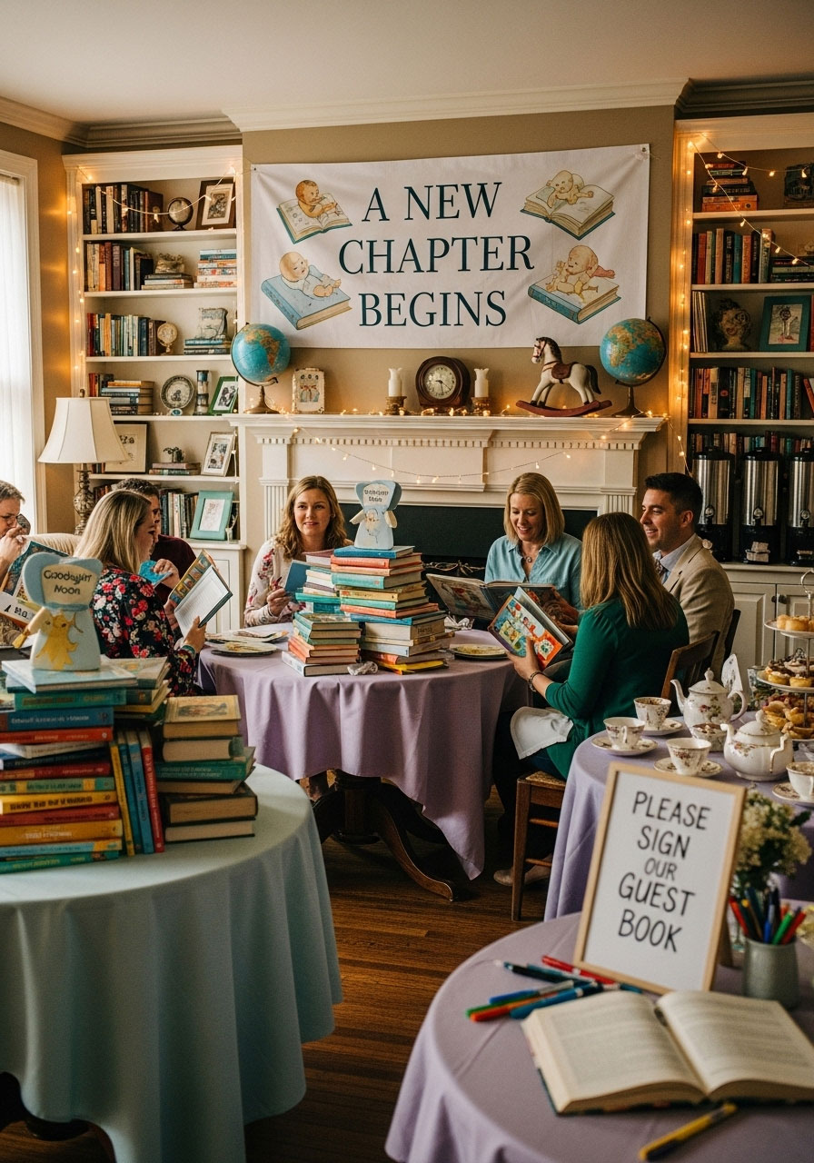 Cozy little bookworm gender neutral baby shower with children's book stacks and library decor for reading lovers