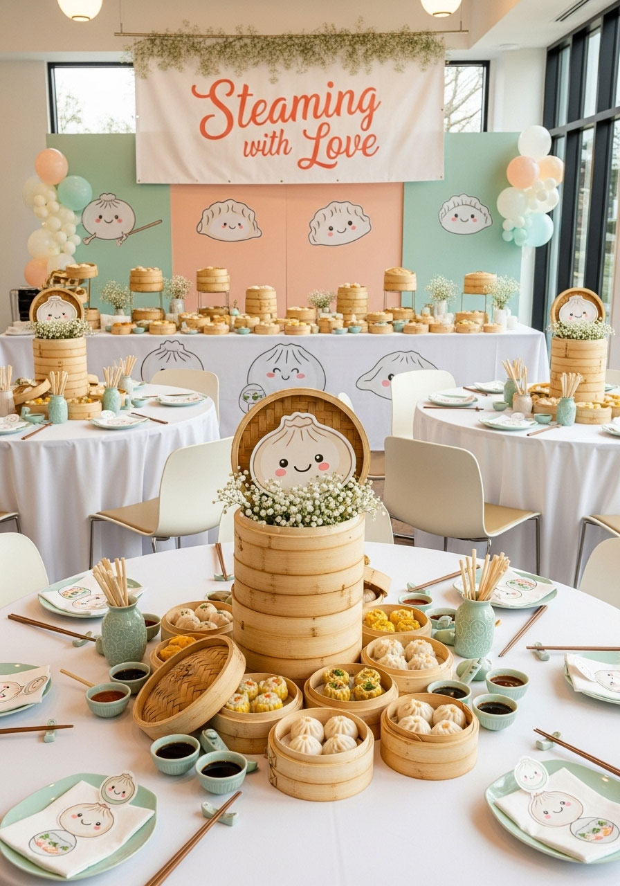 Adorable little dumpling gender neutral shower with bamboo steamers, illustrations, and dim sum bar for unique culinary joy