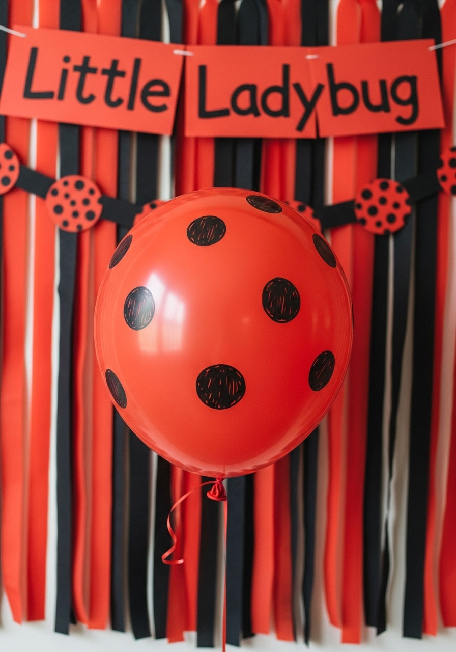 A cute 'Little Ladybug' baby shower detail showing a red balloon with hand-drawn black spots.