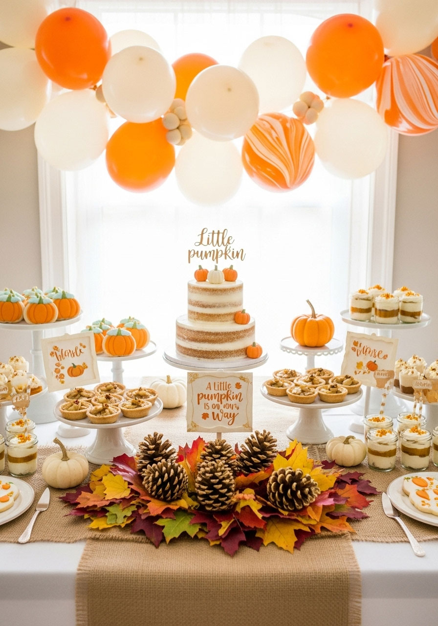 A rustic dessert table for a 'Little Pumpkin' baby shower with a burlap runner and DIY fall decor.