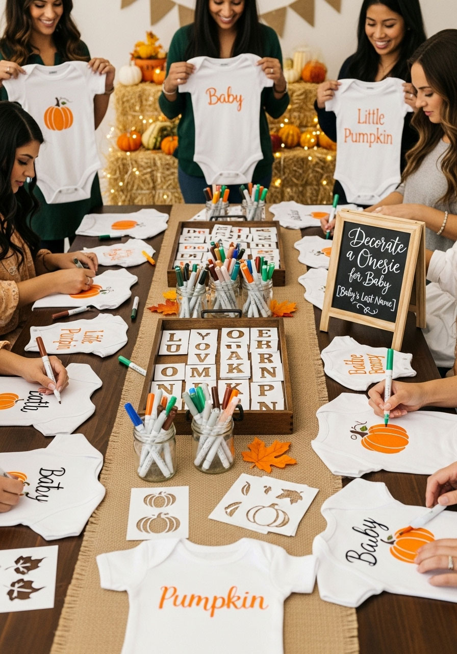Craft station with guests decorating baby onesies with pumpkin themes.