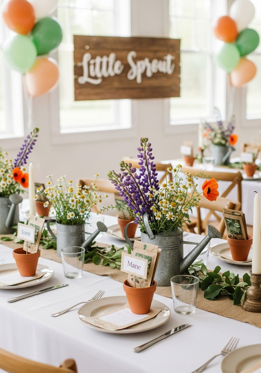 An earthy gardening-themed baby shower with terracotta pot decorations and seed packets as party favors for guests.