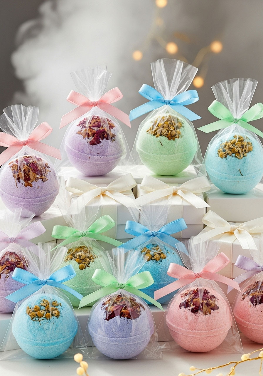 A set of colorful, fragrant bath bombs in a gift box, a relaxing and luxurious baby shower prize.