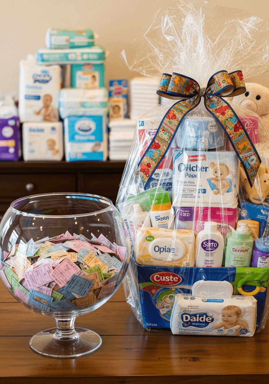 A prize basket and raffle tickets set up for The Great Diaper Raffle, a practical baby shower game.