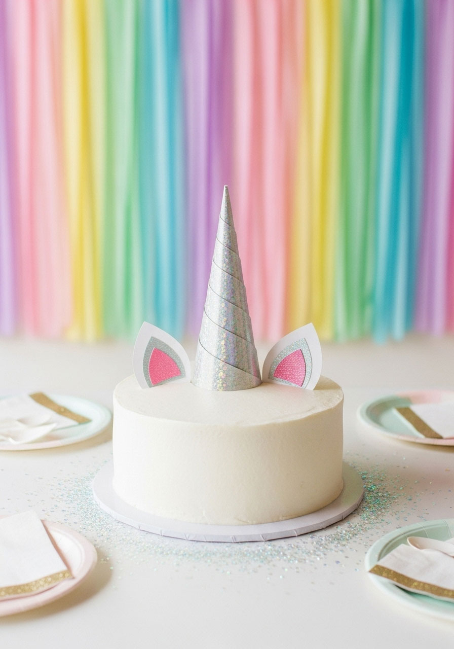A 'Magical Unicorn' baby shower cake with a DIY horn and ears made from inexpensive scrapbook paper.