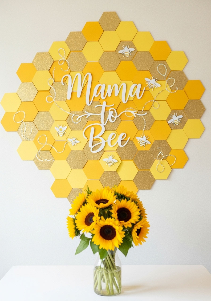 A 'Mama-to-Bee' baby shower with a stunning DIY honeycomb backdrop made from yellow cardstock.