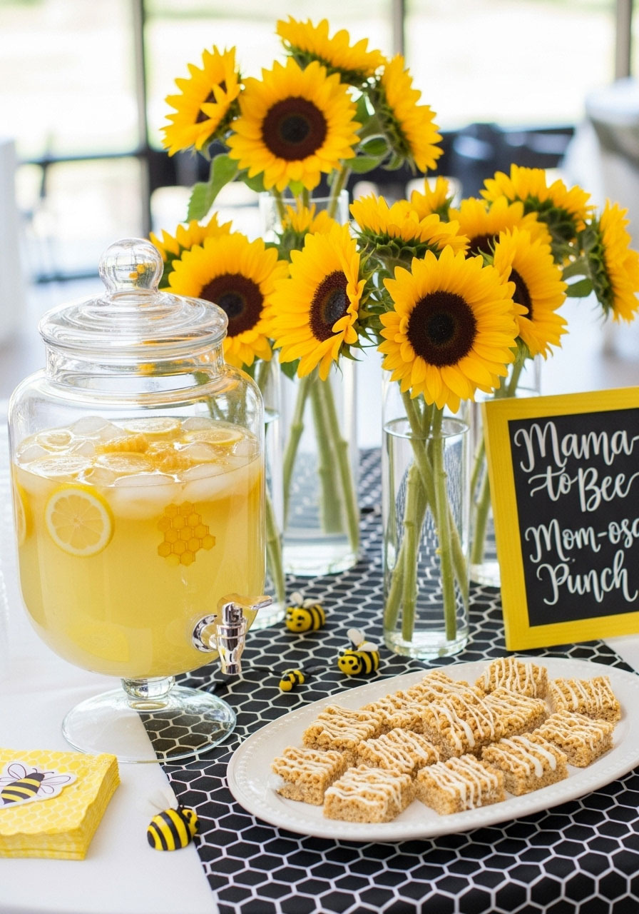 A cheerful 'Mama-to-Bee' baby shower refreshment table with a yellow, black, and white color scheme, sunflowers, and honeycomb patterns.