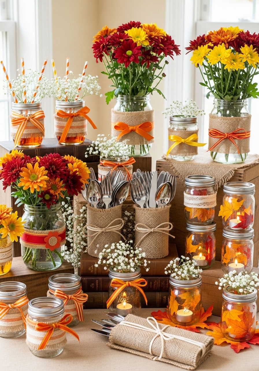 Versatile mason jar decor for fall baby shower, used as drink glasses, vases, utensil holders, and tea light holders with burlap accents