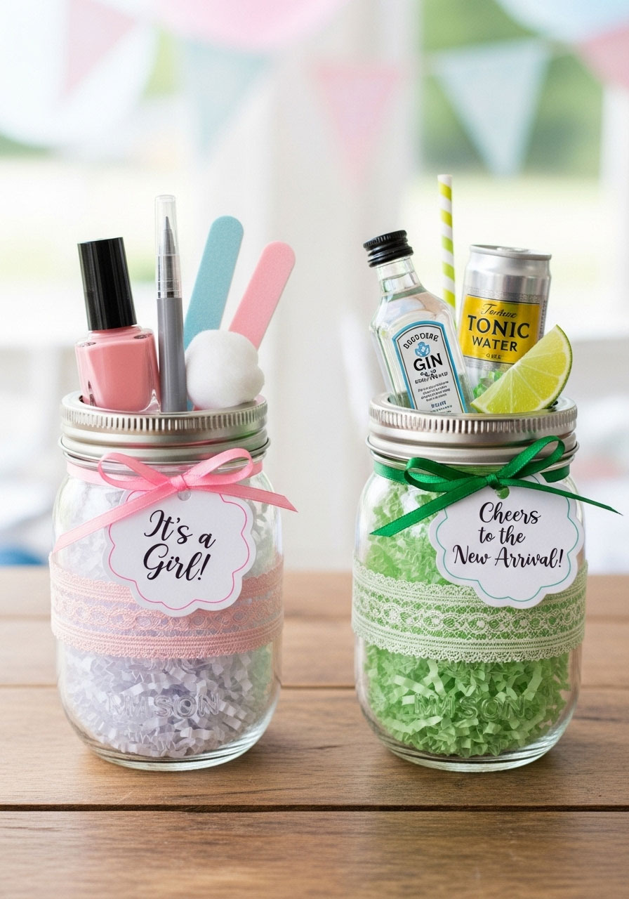 Two mason jars filled with a pedicure kit and a cocktail kit, a versatile DIY baby shower prize.