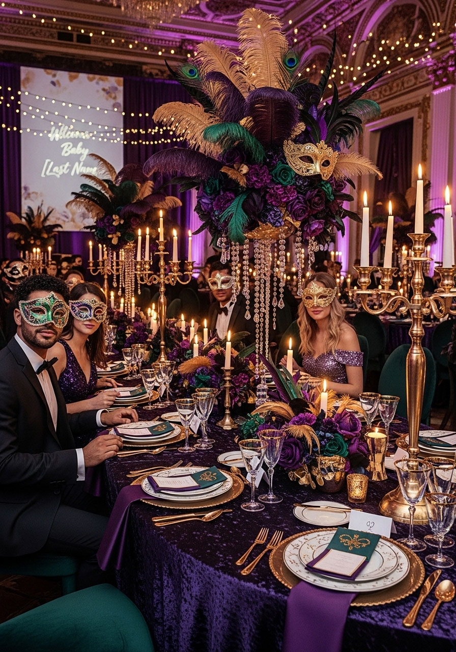 Masquerade ball baby shower with ornate masks, jewel-tone decorations, candles and elegant formal themed party setup