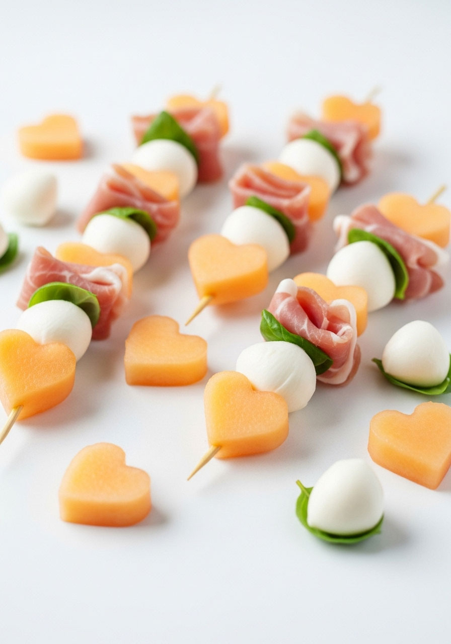 Refreshing skewers with prosciutto, mozzarella, and cantaloupe cut into heart shapes for a sweet baby shower treat.