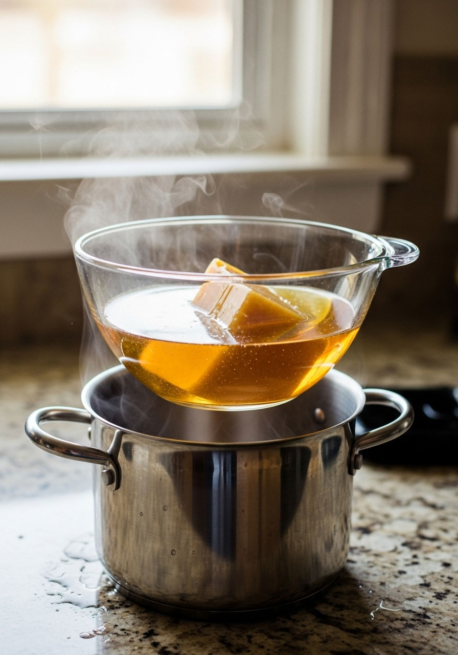 Beeswax melting in double boiler setup for preserving autumn leaves in fall garland DIY project