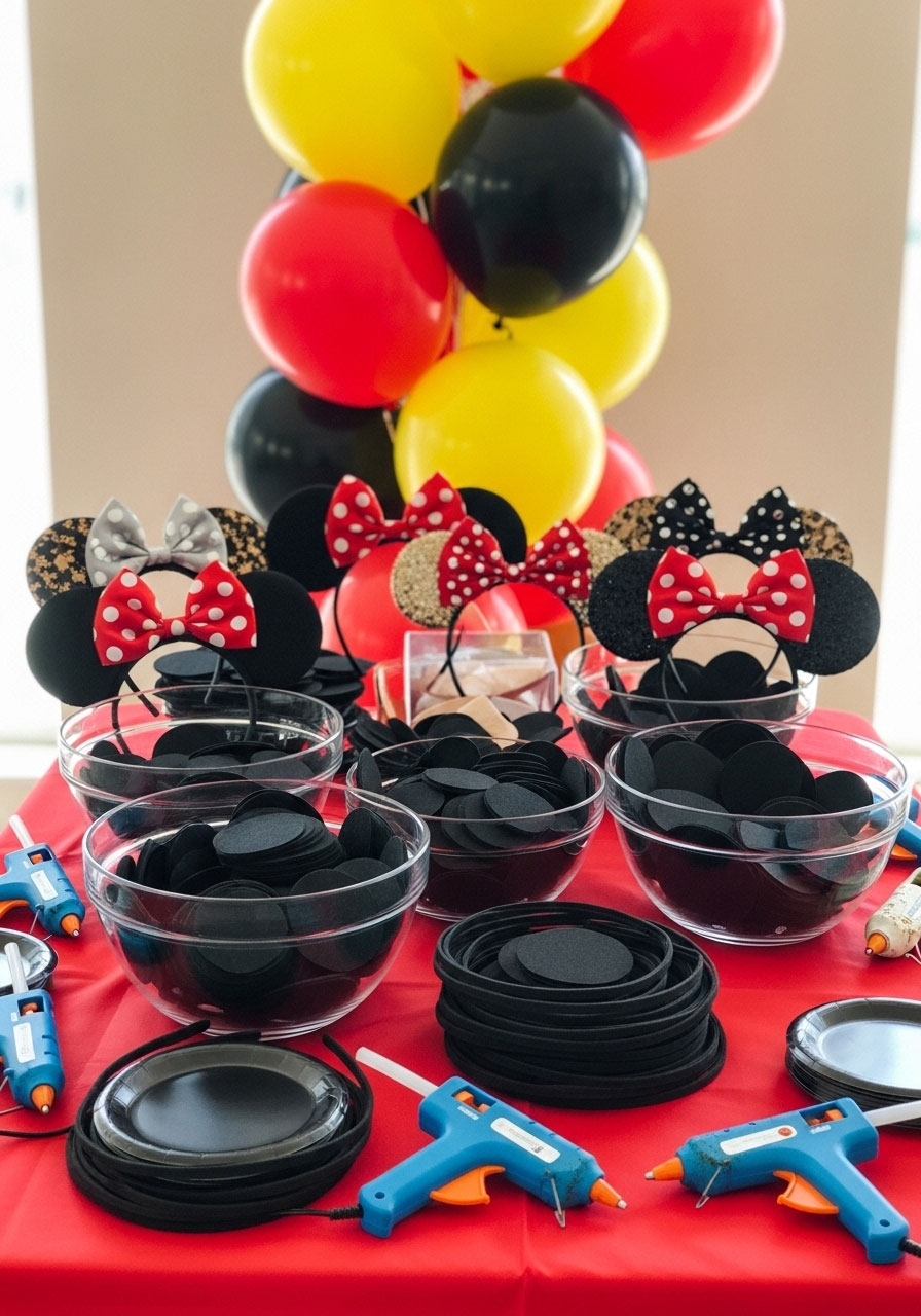 A fun Mickey Mouse baby shower with a red, black, and yellow color palette and a DIY 'Mouse Ear' station for guests to make headbands.