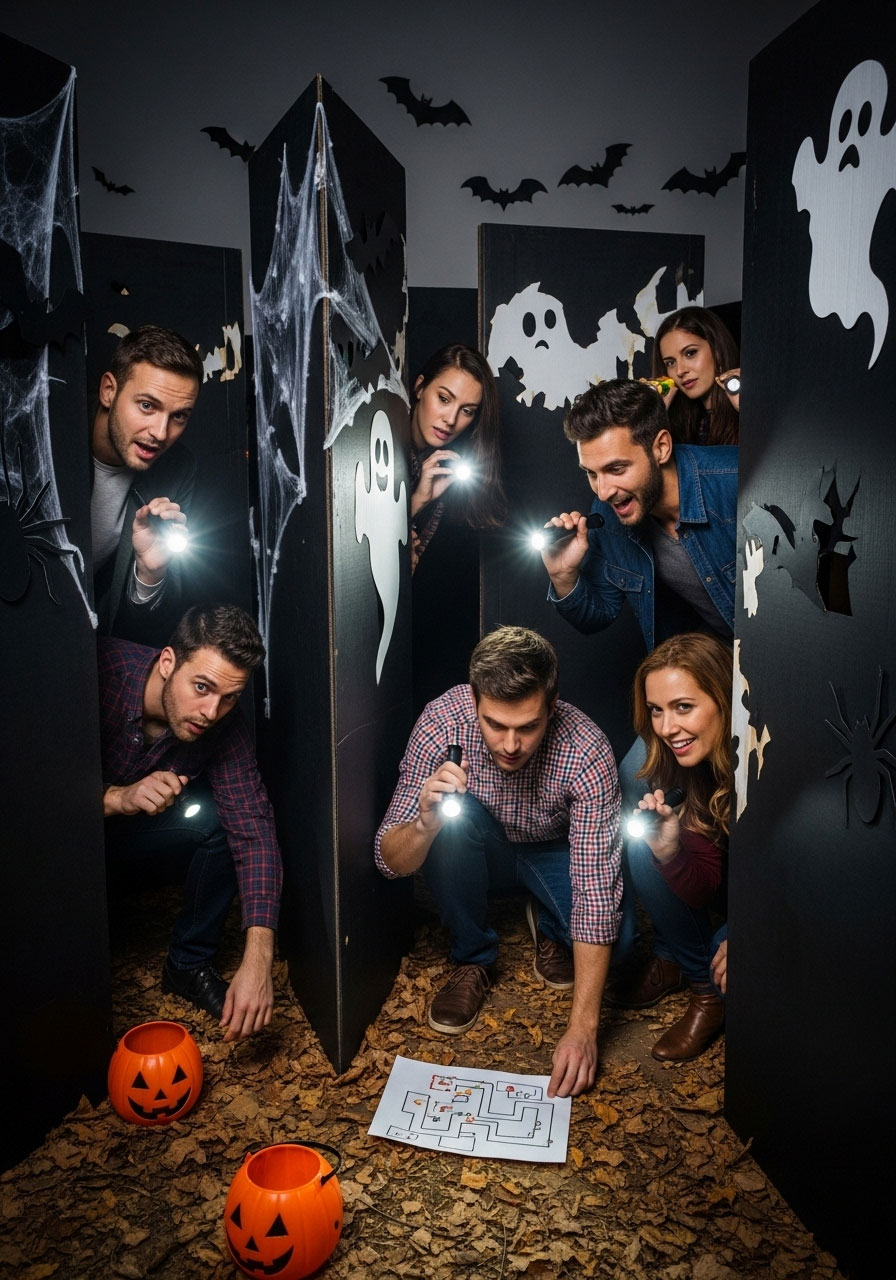 Halloween midnight maze madness carnival game with players navigating spooky cardboard maze using flashlights