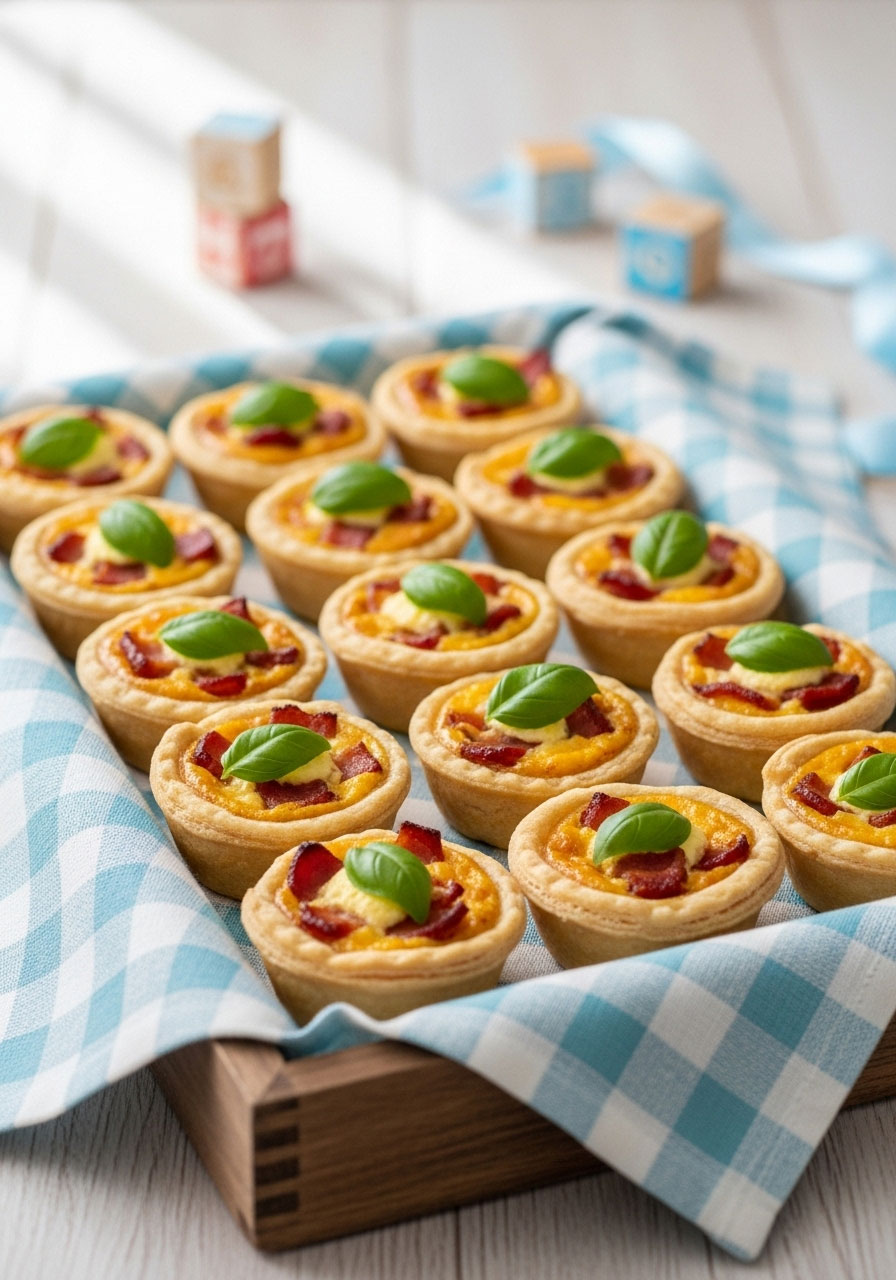Bite-sized mini bacon quiches, each garnished with a single tiny basil leaf, perfect for a baby shower brunch buffet.