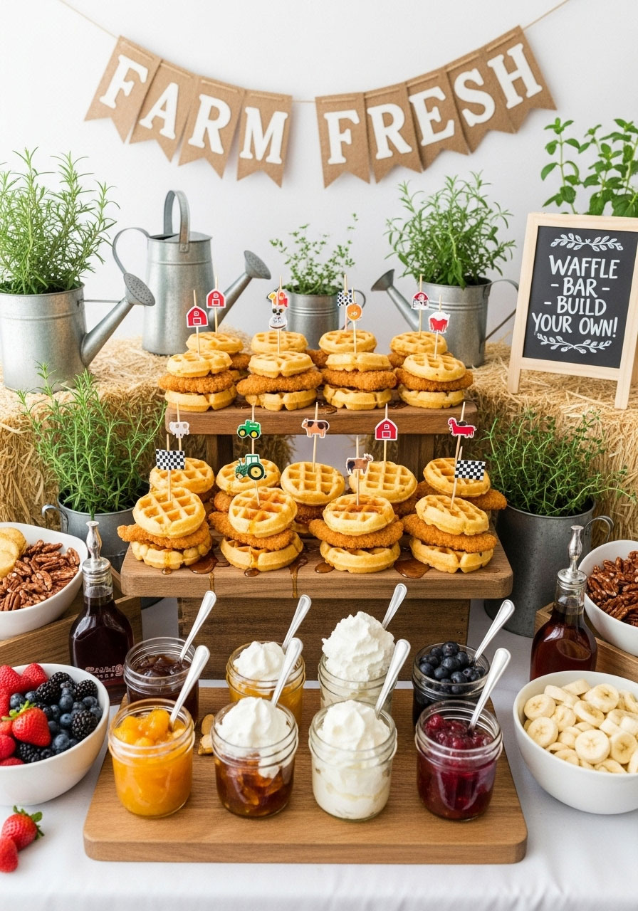 Mini waffles with chicken tenders and maple syrup, served on rustic wooden boards, farm fresh baby shower theme