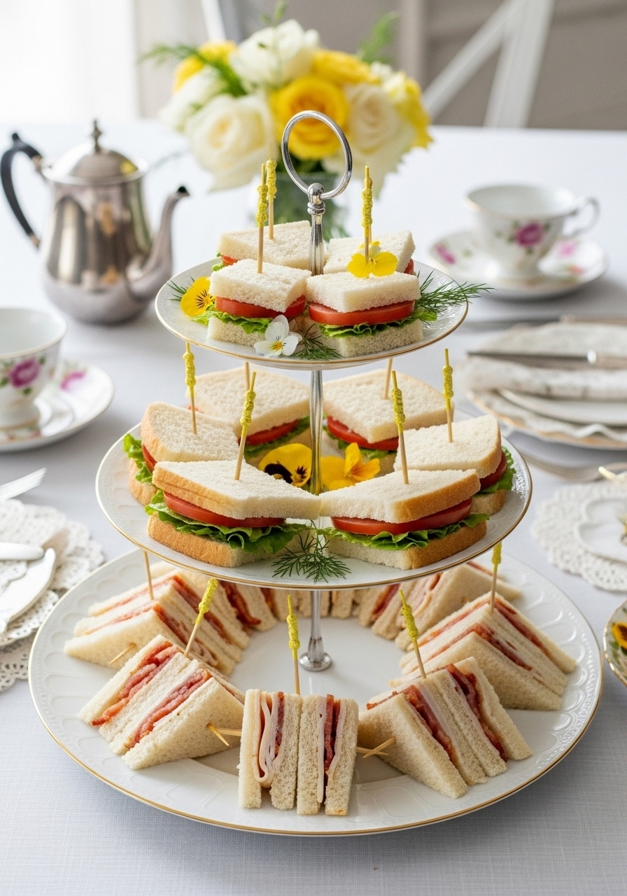 Elegant mini club sandwiches secured with pastel-colored frilled toothpicks and arranged on a tiered platter for a classic baby shower.